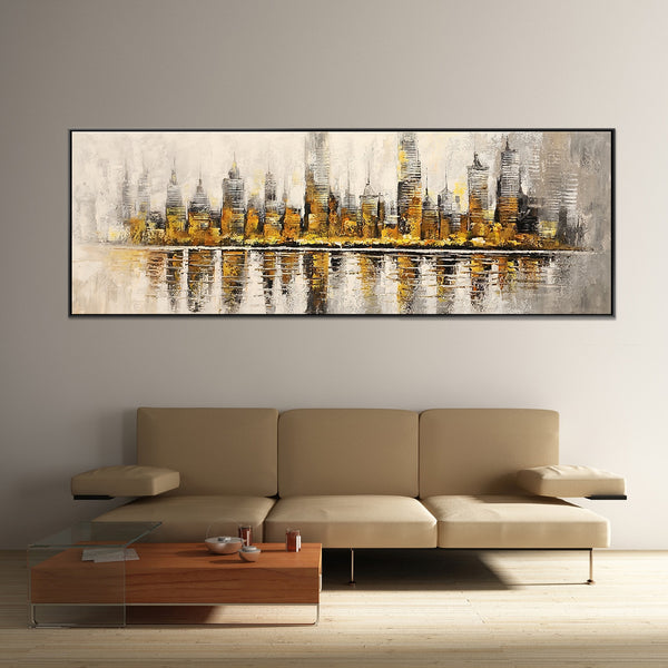 The Golden City - Striking Abstract Artwork Featuring the Impression of a Cityscape in the distance, Size 70x200cm