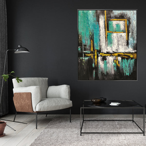 Gold on Teal - Beautiful Modern Abstract Featuring teal and gray tones, with Gold accents spread throughout