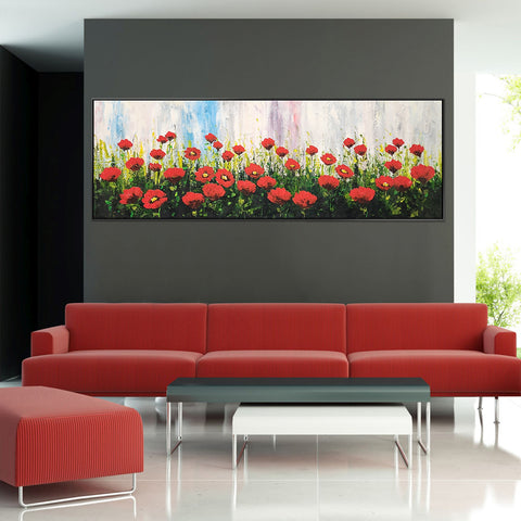 Field of Poppies - Beautiful Stylized Depiction of Bright Red Poppies, size 70x200cm