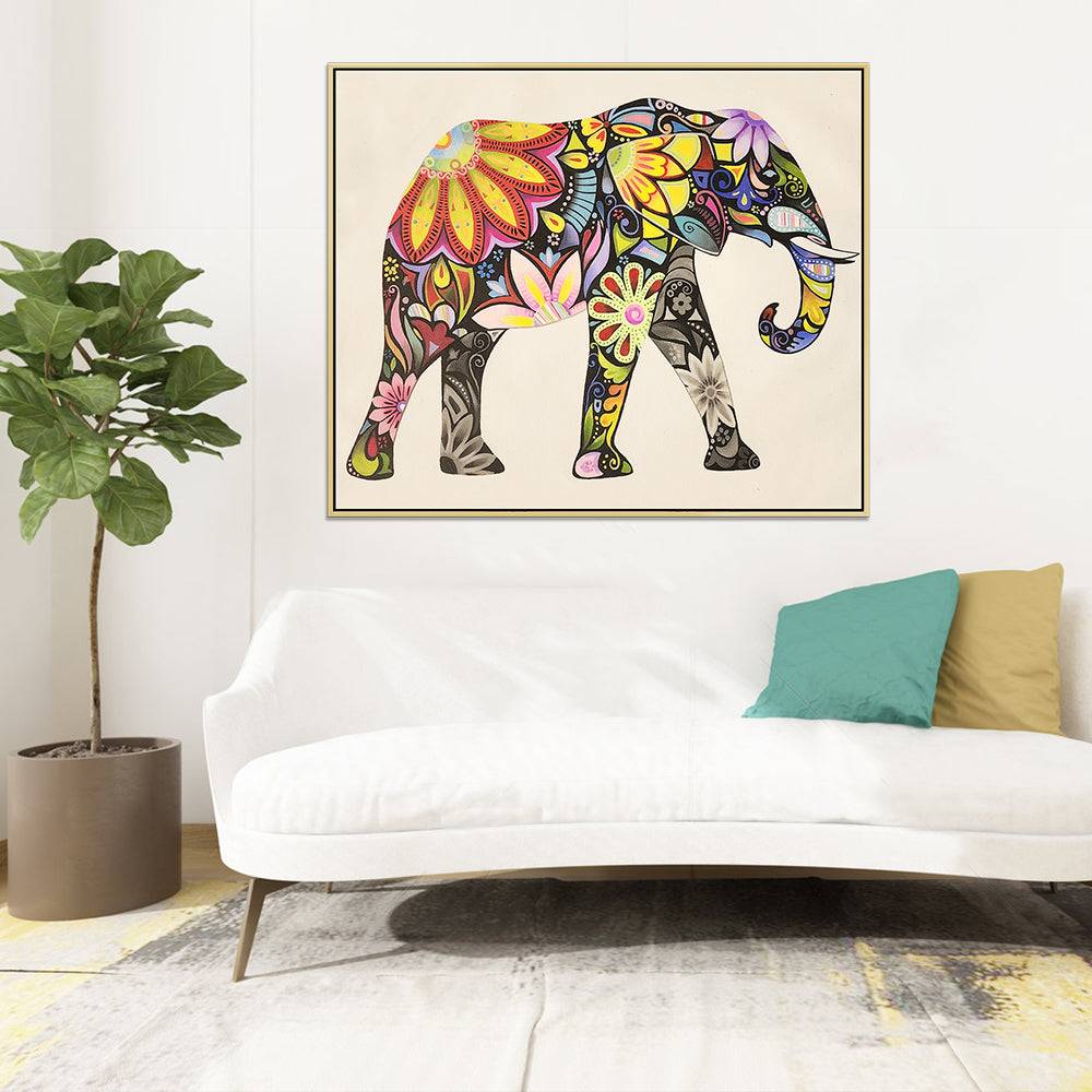 An Ornamental Elephant - Stylized Colourful Elephant Shadow Framed Oil Painting 80x100cm